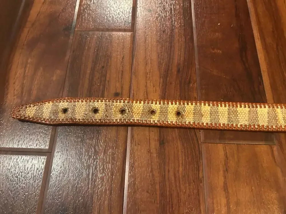 Vintage Snakeskin Pattern Woven Leather Belt with Mother of Pearl Style Buckle